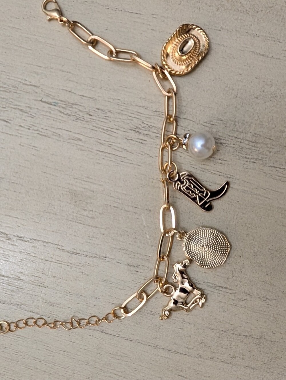 Gold-Tone Western Charm Bracelet with Pearl Accent And Country Charms